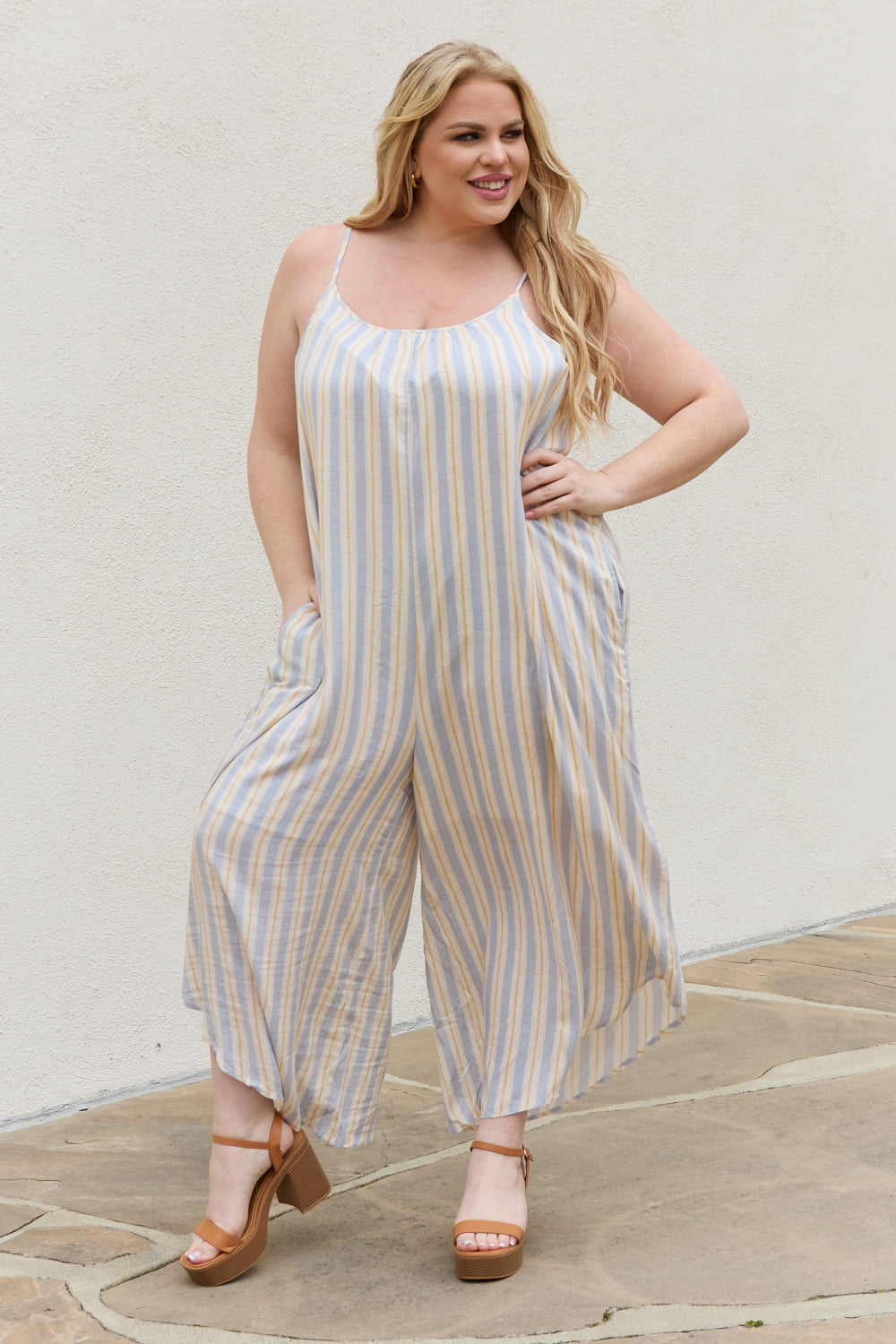 Full Size Multi Colored Striped Jumpsuit with Pockets