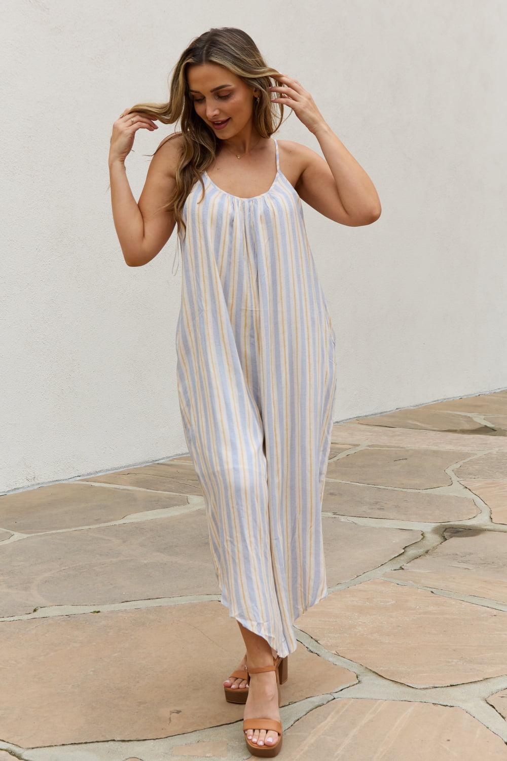 Full Size Multi Colored Striped Jumpsuit with Pockets